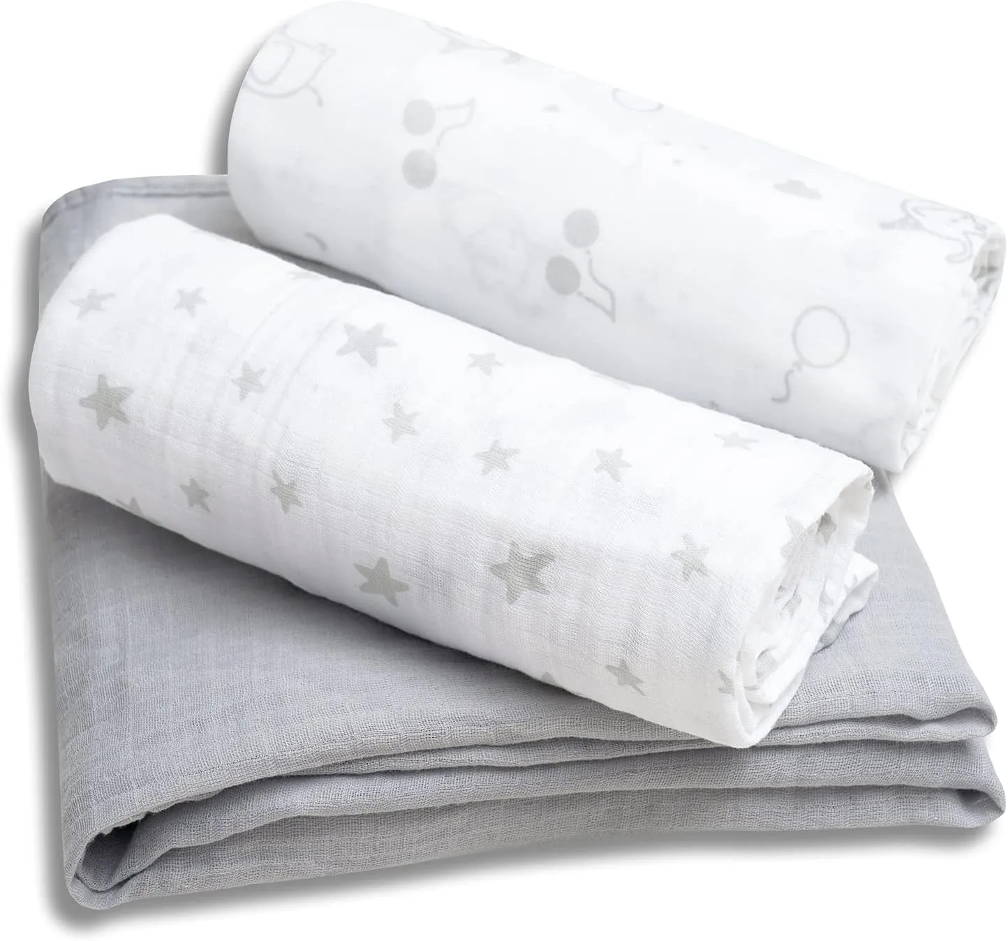 david's kids 3 Pack Baby Muslin Swaddle Blankets, 100% Cotton and Ultra Soft Breathable Receiving Blanket Wrap for Boys Girls, New Born Essentials, Large 47 x 47 inches, Grey/Elephant/Stars