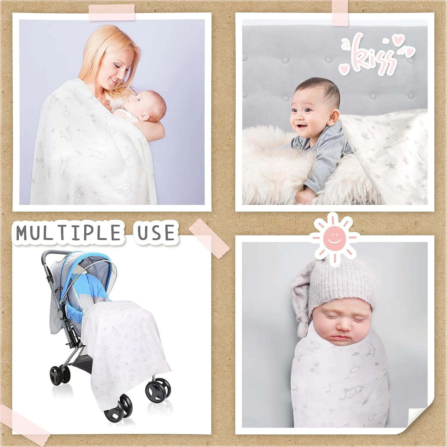 david's kids 3 Pack Baby Muslin Swaddle Blankets, 100% Cotton and Ultra Soft Breathable Receiving Blanket Wrap for Boys Girls, New Born Essentials, Large 47 x 47 inches, Grey/Elephant/Stars