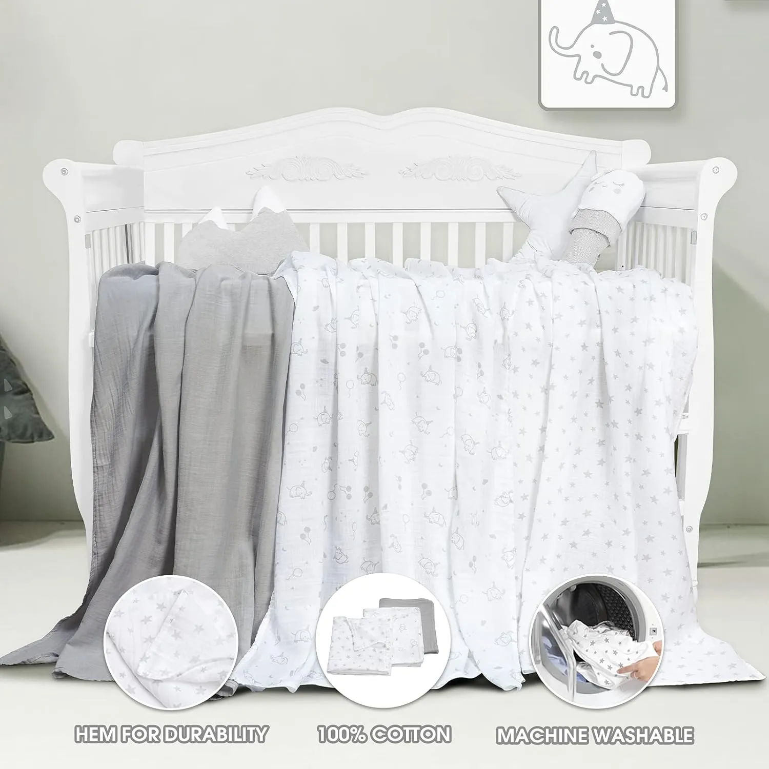 david's kids 3 Pack Baby Muslin Swaddle Blankets, 100% Cotton and Ultra Soft Breathable Receiving Blanket Wrap for Boys Girls, New Born Essentials, Large 47 x 47 inches, Grey/Elephant/Stars