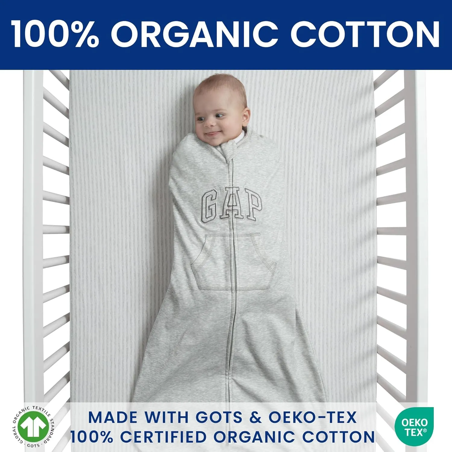Delta Children Gap babyGap TrueSleep Sleep Sack with Zipper and with Built-in Swaddle | 100% Organic Cotton | GOTS and Oeko-Tex 100 Certified | 2-Way Zipper | Small: 0-6 Months, Grey