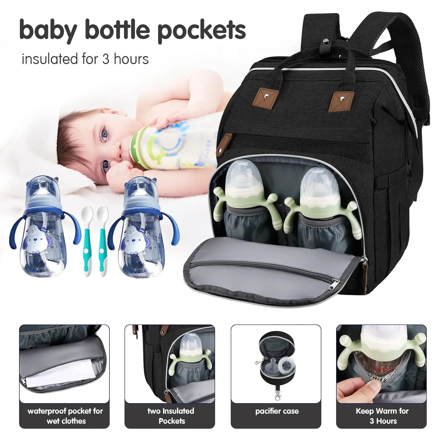 DERJUNSTAR Diaper Bag Backpack – Large Capacity Baby Diaper Bag with Changing Pad, Waterproof Travel Backpack for Boys & Girls, Multi-Function Baby Bag with USB Charging Port, Black