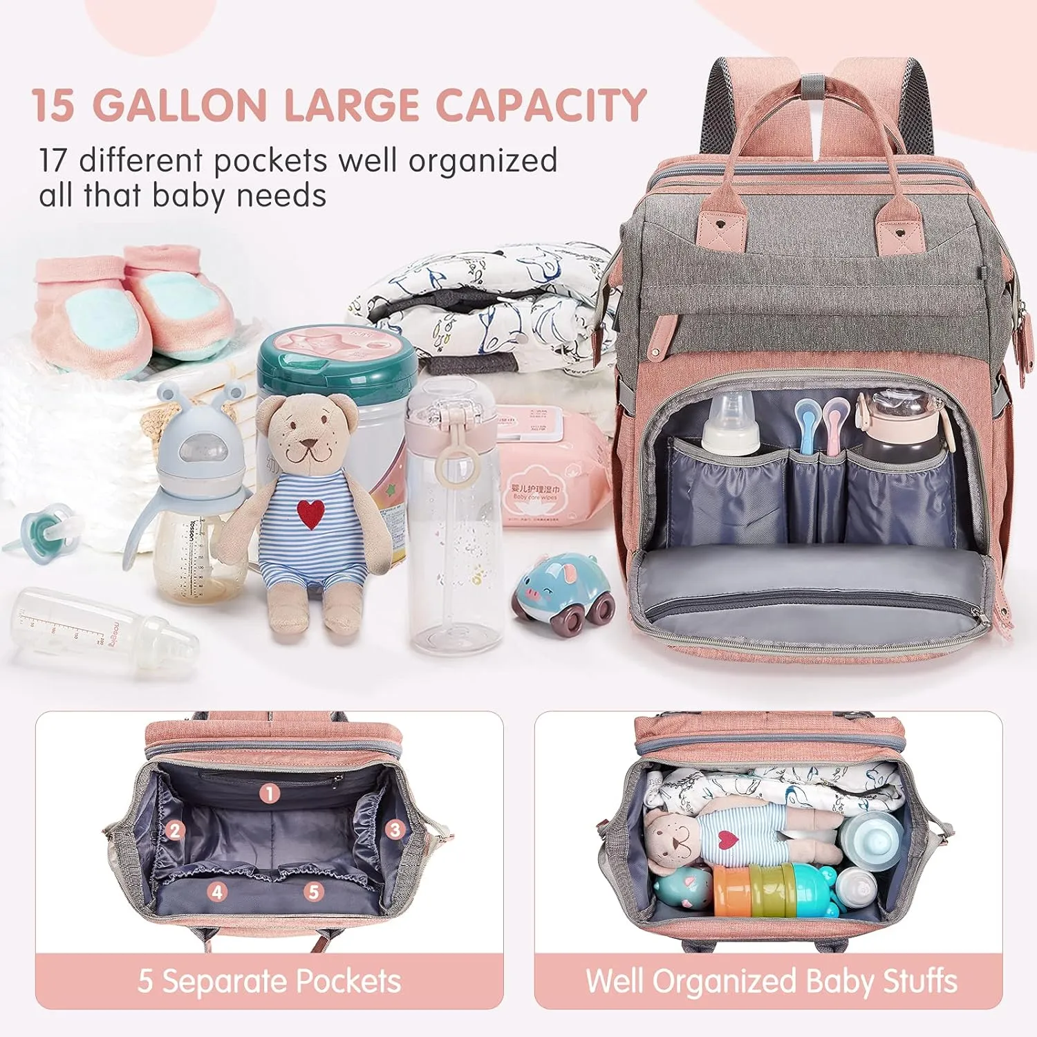 DERJUNSTAR Diaper Bag Backpack – Large Capacity Baby Diaper Bag with Changing Pad, Waterproof Travel Backpack for Boys & Girls, Multi-Function Baby Bag with USB Charging Port, Rose Pink