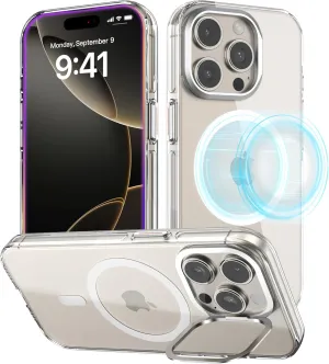 Designed for iPhone 16 Pro Max Case, MagSafe Compatible, Clear Slim Phone Case with Built-in Aluminum Alloy Stash Stand, Anti-Yellowing, Metal Buttons, All-Round Protection with Airbag Corners, Clear