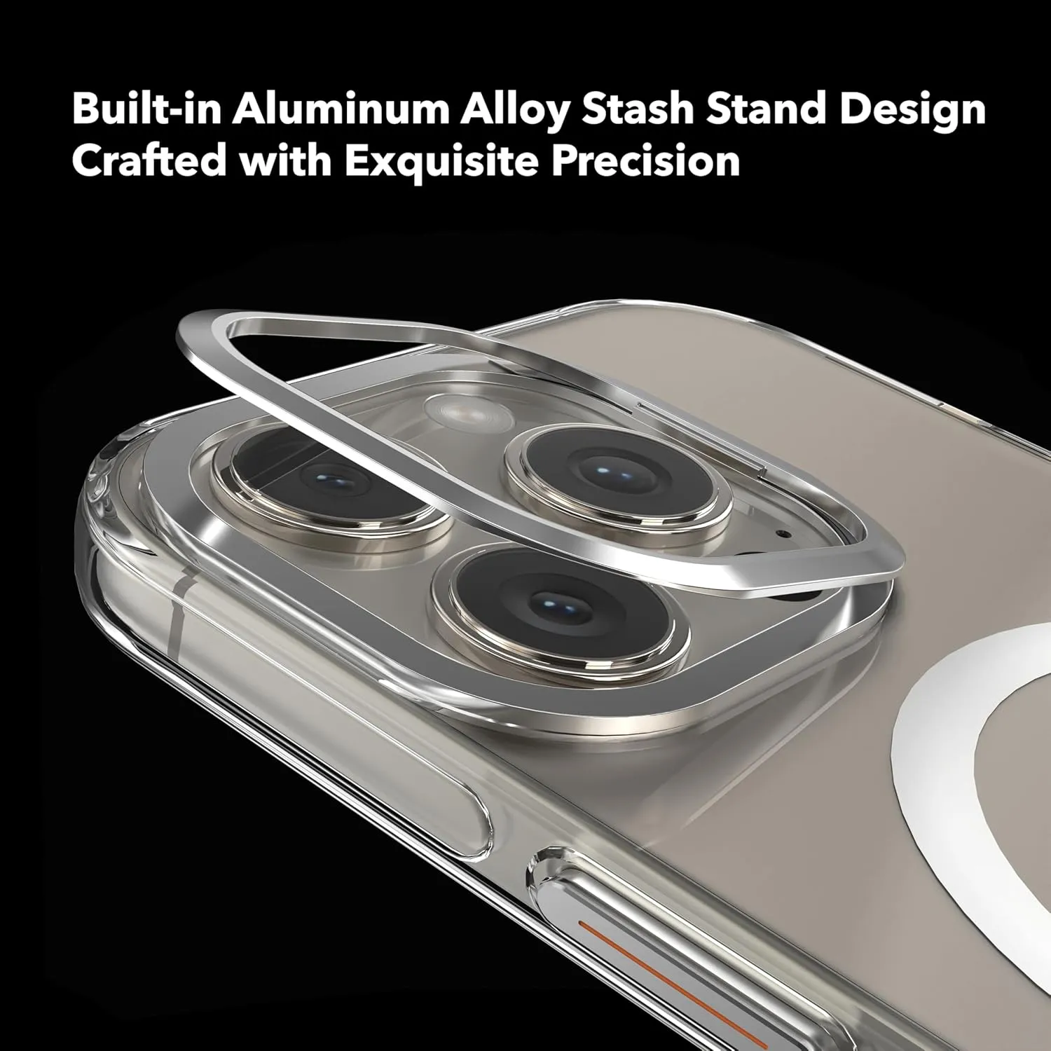 Designed for iPhone 16 Pro Max Case, MagSafe Compatible, Clear Slim Phone Case with Built-in Aluminum Alloy Stash Stand, Anti-Yellowing, Metal Buttons, All-Round Protection with Airbag Corners, Clear