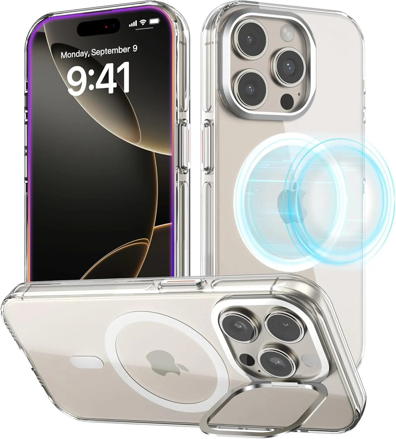 Designed for iPhone 16 Pro Max Case, MagSafe Compatible, Clear Slim Phone Case with Built-in Aluminum Alloy Stash Stand, Anti-Yellowing, Metal Buttons, All-Round Protection with Airbag Corners, Clear