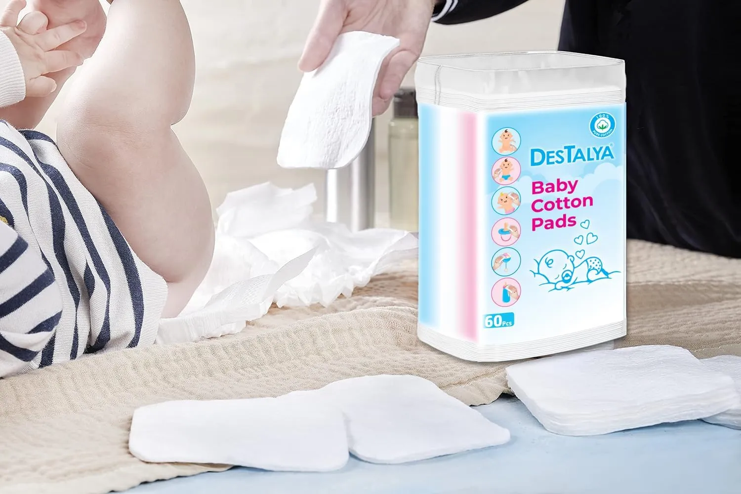 Destalya Baby Cotton Pads for Diaper Change | 360 Count | Soft Large Squares for Sensitive Skin | Lint-Free | 100% Cotton (Maxi Pads)