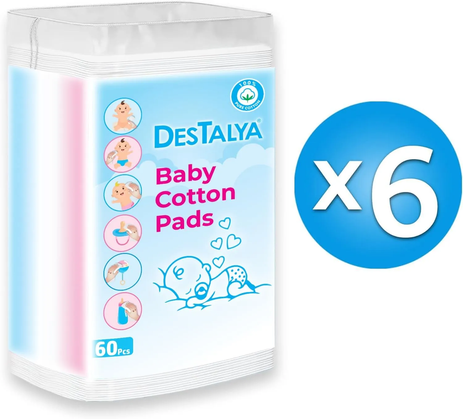 Destalya Baby Cotton Pads for Diaper Change | 360 Count | Soft Large Squares for Sensitive Skin | Lint-Free | 100% Cotton (Maxi Pads)