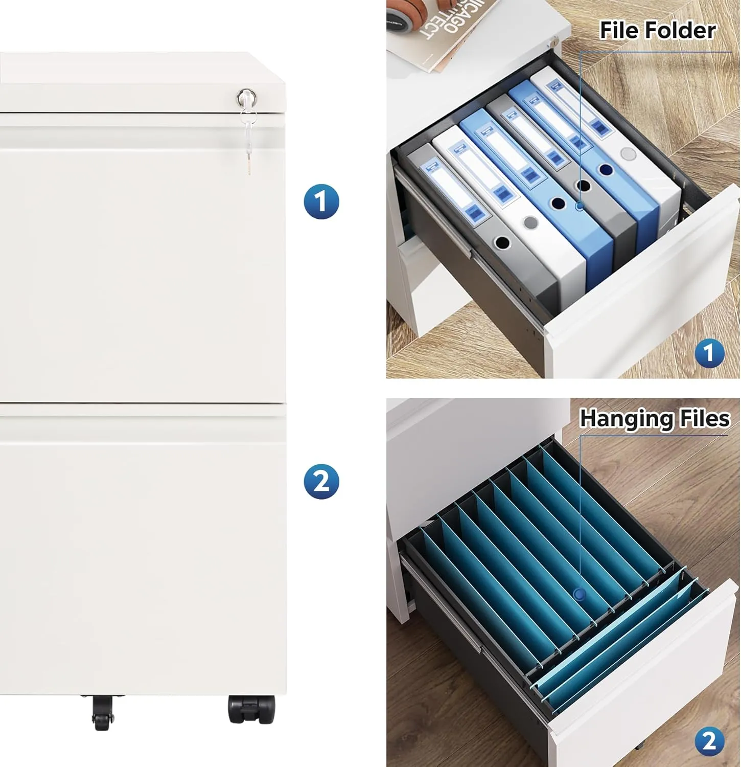 DEVAISE 2 Drawer Mobile File Cabinet with Lock, Commercial Vertical Cabinet, White