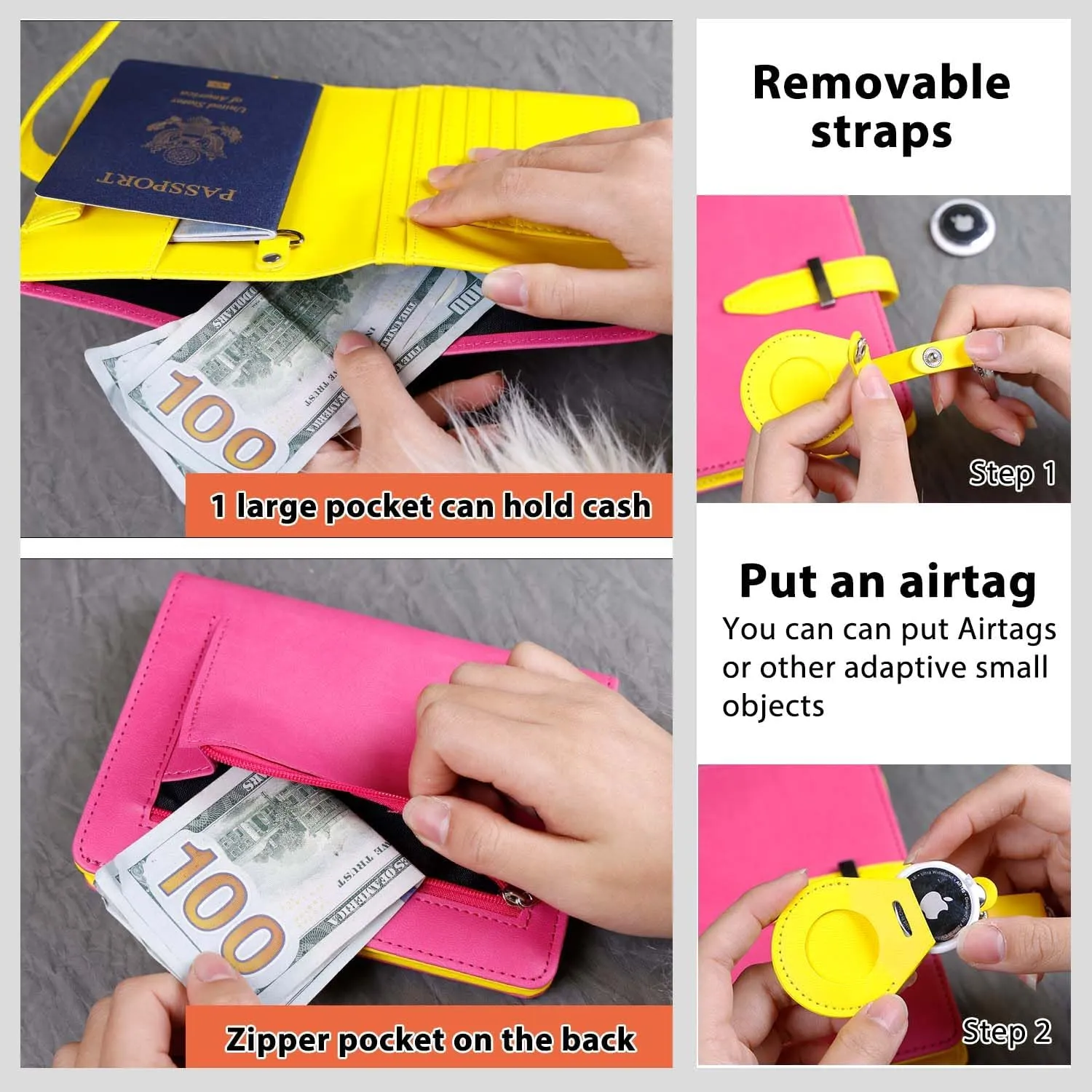 Deziliao Passport wallets, Mulit-purpose RFID Blocking Passport Holder AirTag Wallet, Travel Wallet（Pink）