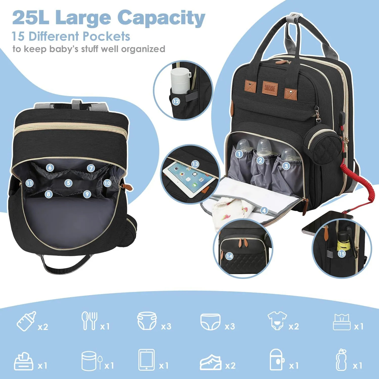 Diaper Bag Backpack-Baby Diaper Bag with Changing Station-Black, Large