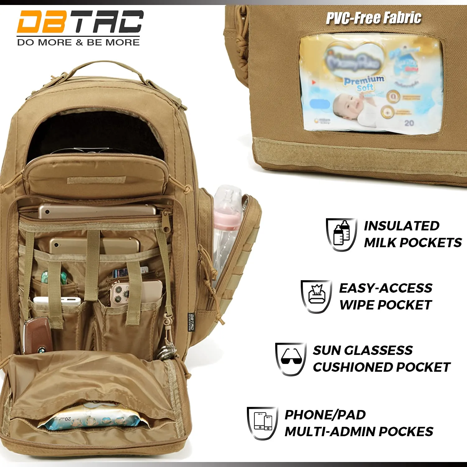 Diaper Bag Backpack for Dad, DBTAC Large Baby Nappy Bag for Men w/Changing Mat, Insulated Wipe Pockets, Stroller Straps, Tan