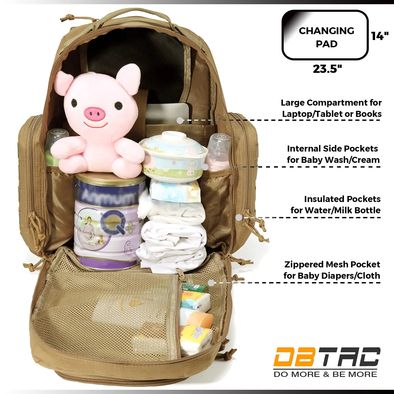 Diaper Bag Backpack for Dad, DBTAC Large Baby Nappy Bag for Men w/Changing Mat, Insulated Wipe Pockets, Stroller Straps, Tan