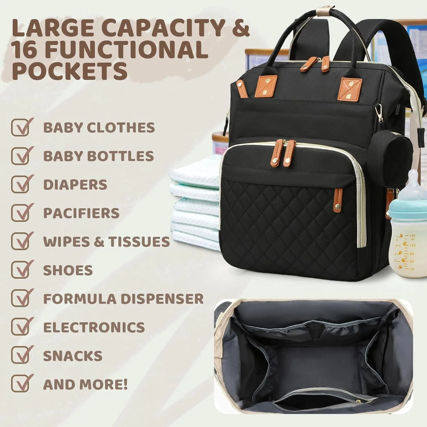 Diaper Bag Backpack for Girls Boys: Black Toddler Diaper Bag with Changing Pad Baby Backpack Diaper Bag for Mon Dad Newborn Pañaleras para Bebe Niña Niño Baby Registry Search Essentials Must Haves