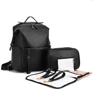 Diaper Bag Backpack Leather Backpack for Women Travel Baby Bag Mother Outdoor Backpack with Changing Pad Stroller Straps(2 pieces) Black