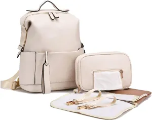 Diaper Bag Backpack Leather Backpack for Women Travel Baby Bag Mother Outdoor Backpack with Changing Pad Stroller Straps(2 pieces) White