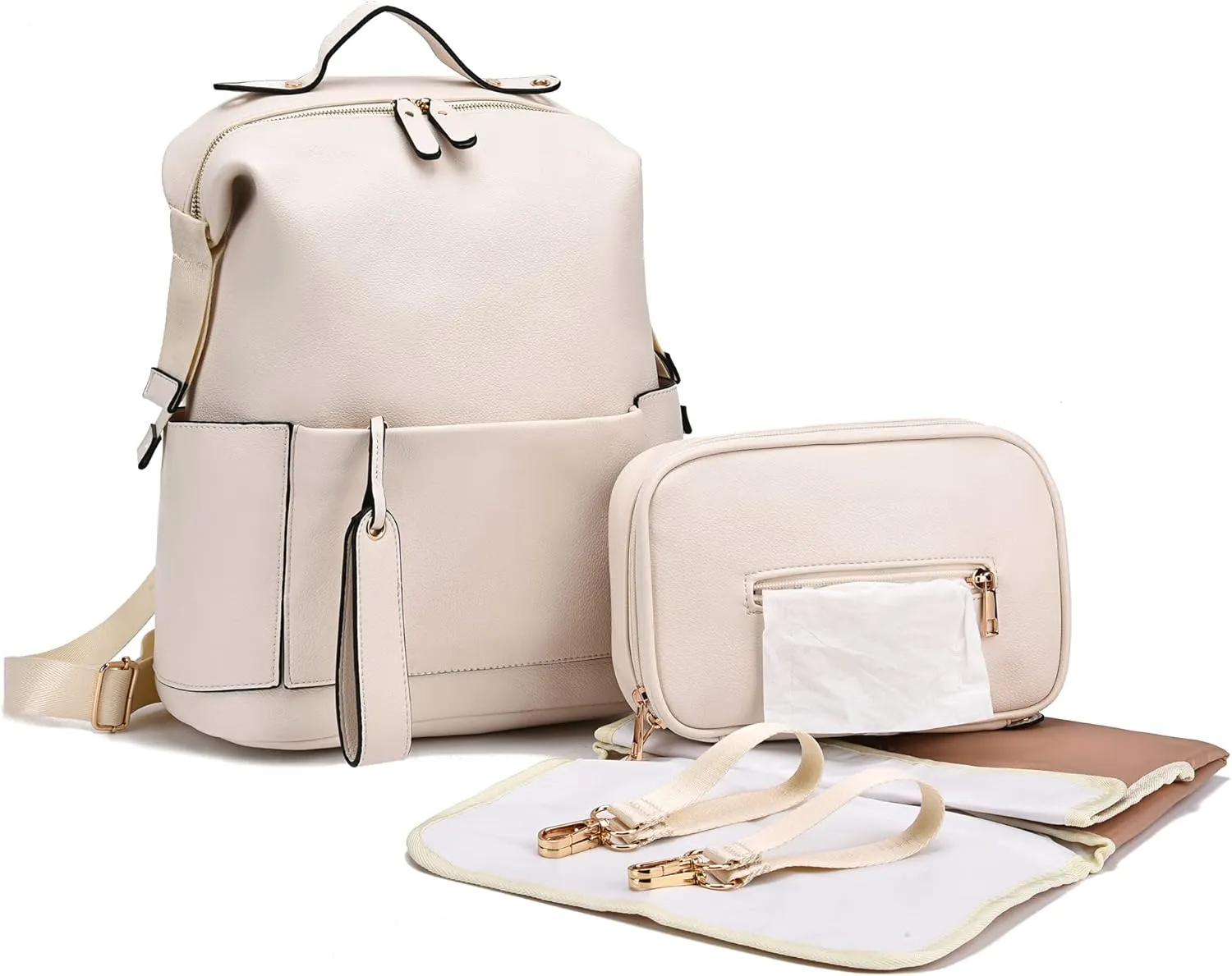 Diaper Bag Backpack Leather Backpack for Women Travel Baby Bag Mother Outdoor Backpack with Changing Pad Stroller Straps(2 pieces) White
