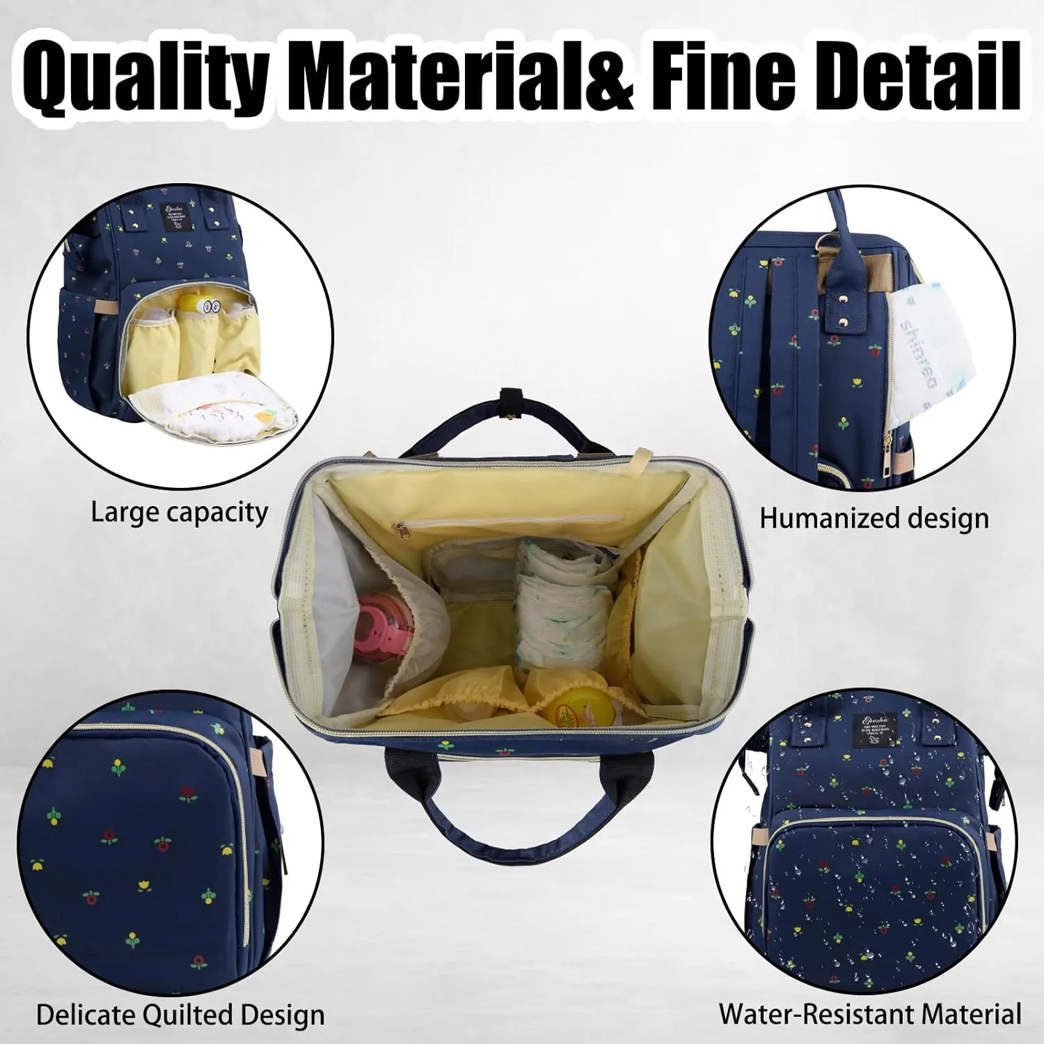 Diaper Bag Backpack Multifunction Large Bags with Changing Pad & Stroller Straps Pacifier Case Unisex (Blue flower)