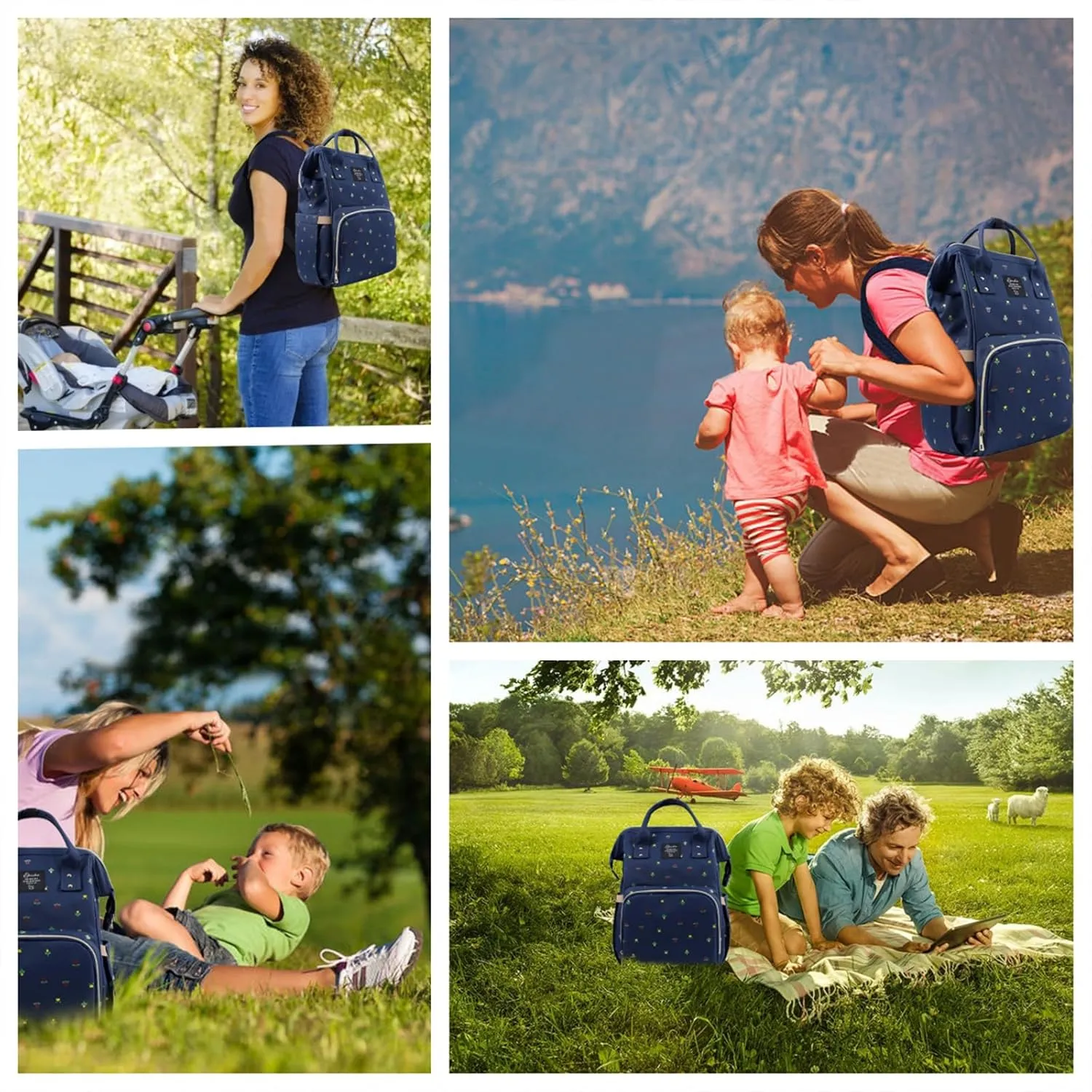 Diaper Bag Backpack Multifunction Large Bags with Changing Pad & Stroller Straps Pacifier Case Unisex (Blue flower)
