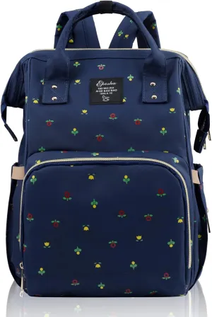 Diaper Bag Backpack Multifunction Large Bags with Changing Pad & Stroller Straps Pacifier Case Unisex (Blue flower)