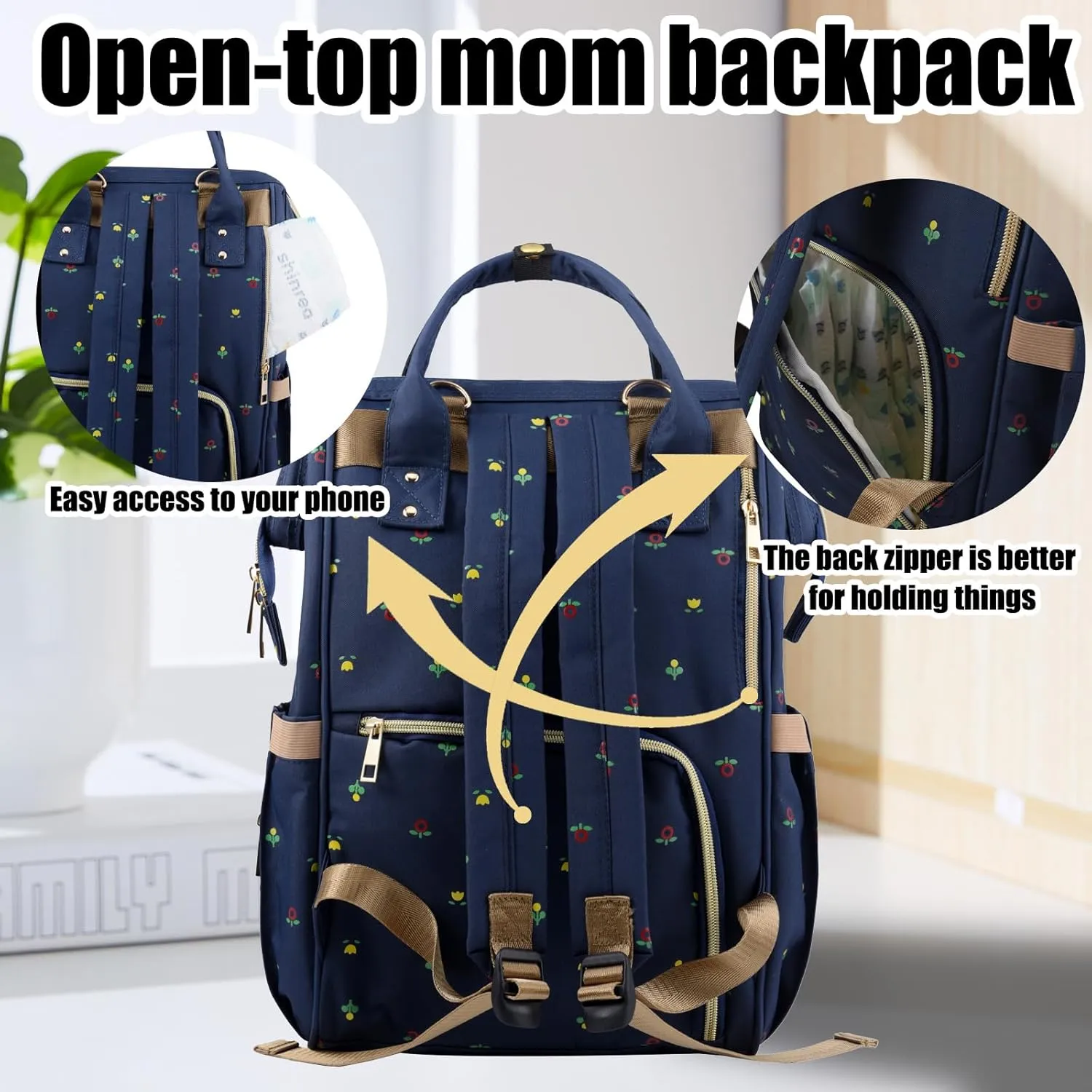 Diaper Bag Backpack Multifunction Large Bags with Changing Pad & Stroller Straps Pacifier Case Unisex (Blue flower)