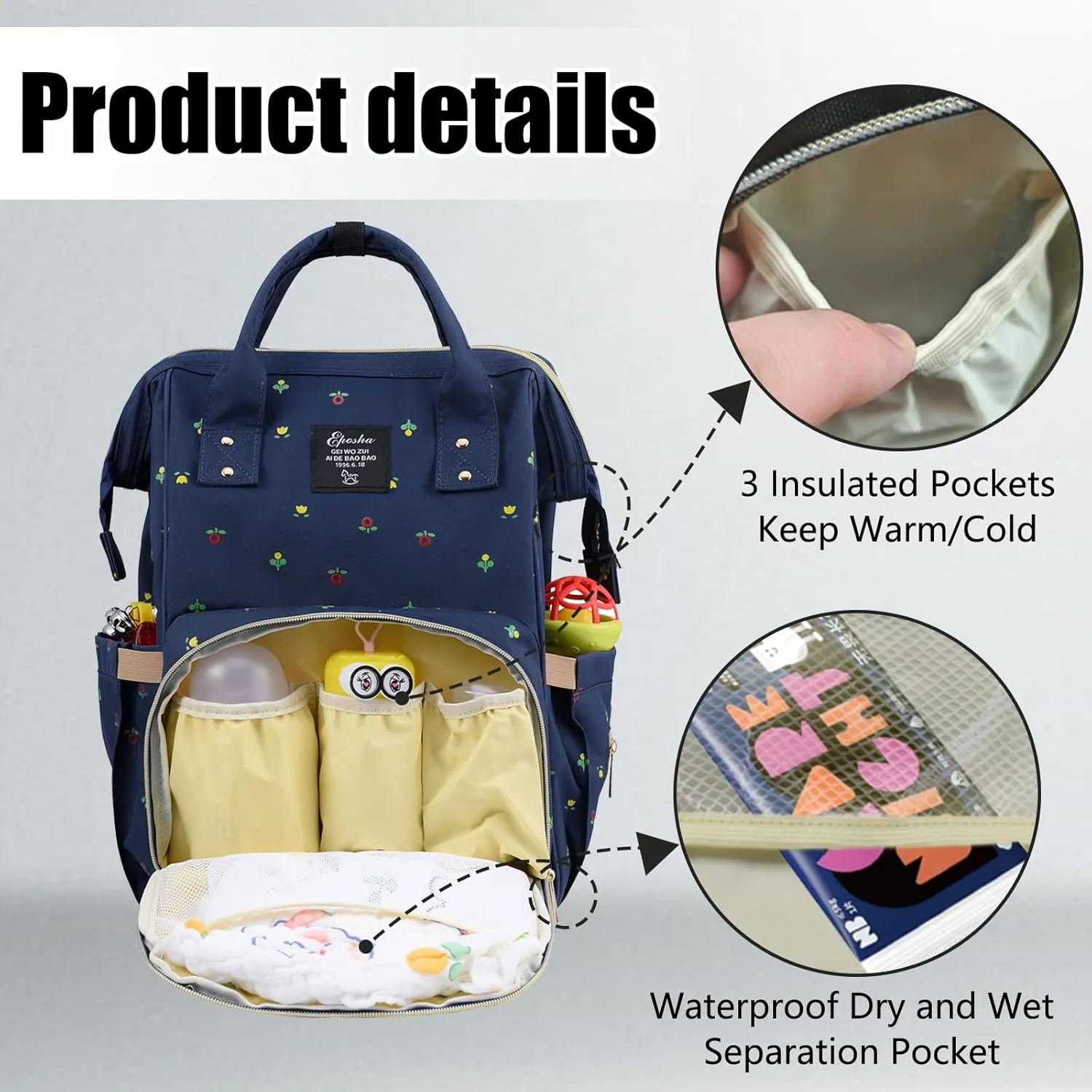 Diaper Bag Backpack Multifunction Large Bags with Changing Pad & Stroller Straps Pacifier Case Unisex (Blue flower)