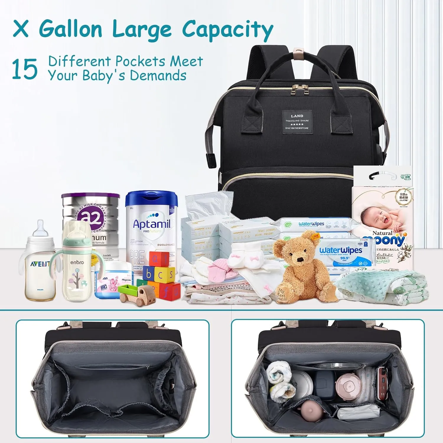 Diaper Bag Backpack, Multifunctional Baby Diaper Bag, Diaper Changing Station for Boys Girls, Large Capacity Travel Baby Bag for Mom Dad with Insulated Pocket & Strap