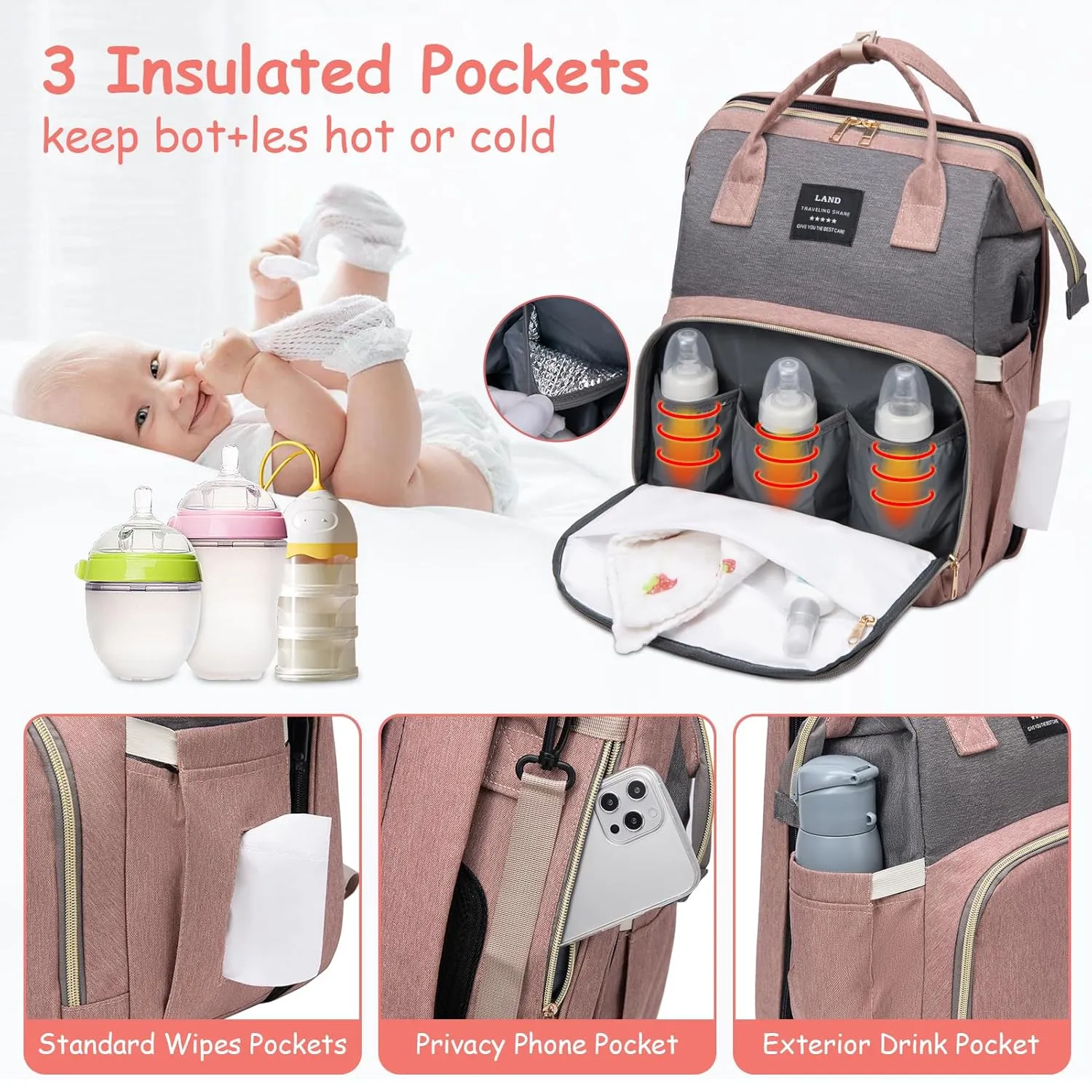 Diaper Bag Backpack, Multifunctional Baby Diaper Bag, Diaper Changing Station for Boys Girls, Large Capacity Travel Baby Bag for Mom Dad with Insulated Pocket & Strap