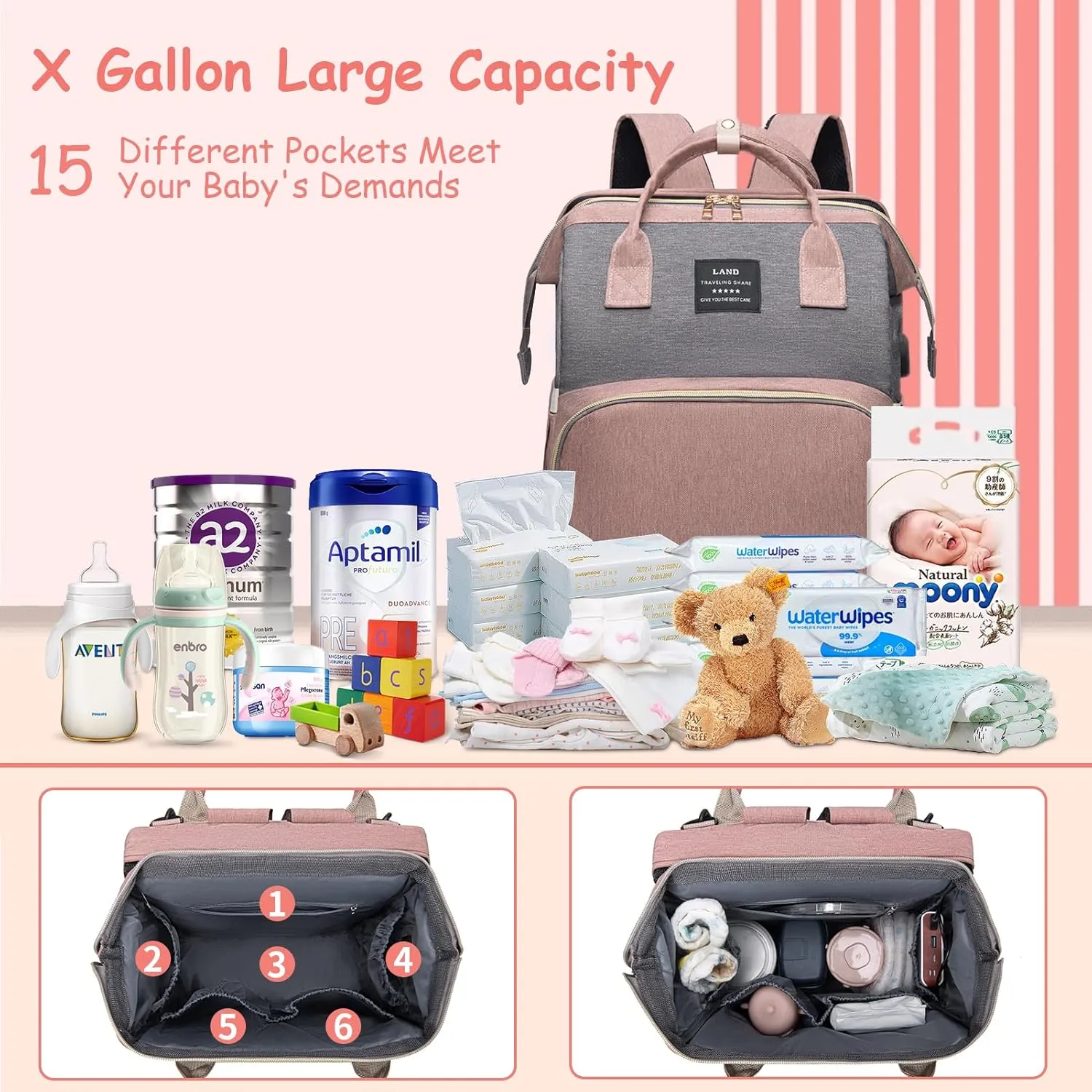 Diaper Bag Backpack, Multifunctional Baby Diaper Bag, Diaper Changing Station for Boys Girls, Large Capacity Travel Baby Bag for Mom Dad with Insulated Pocket & Strap