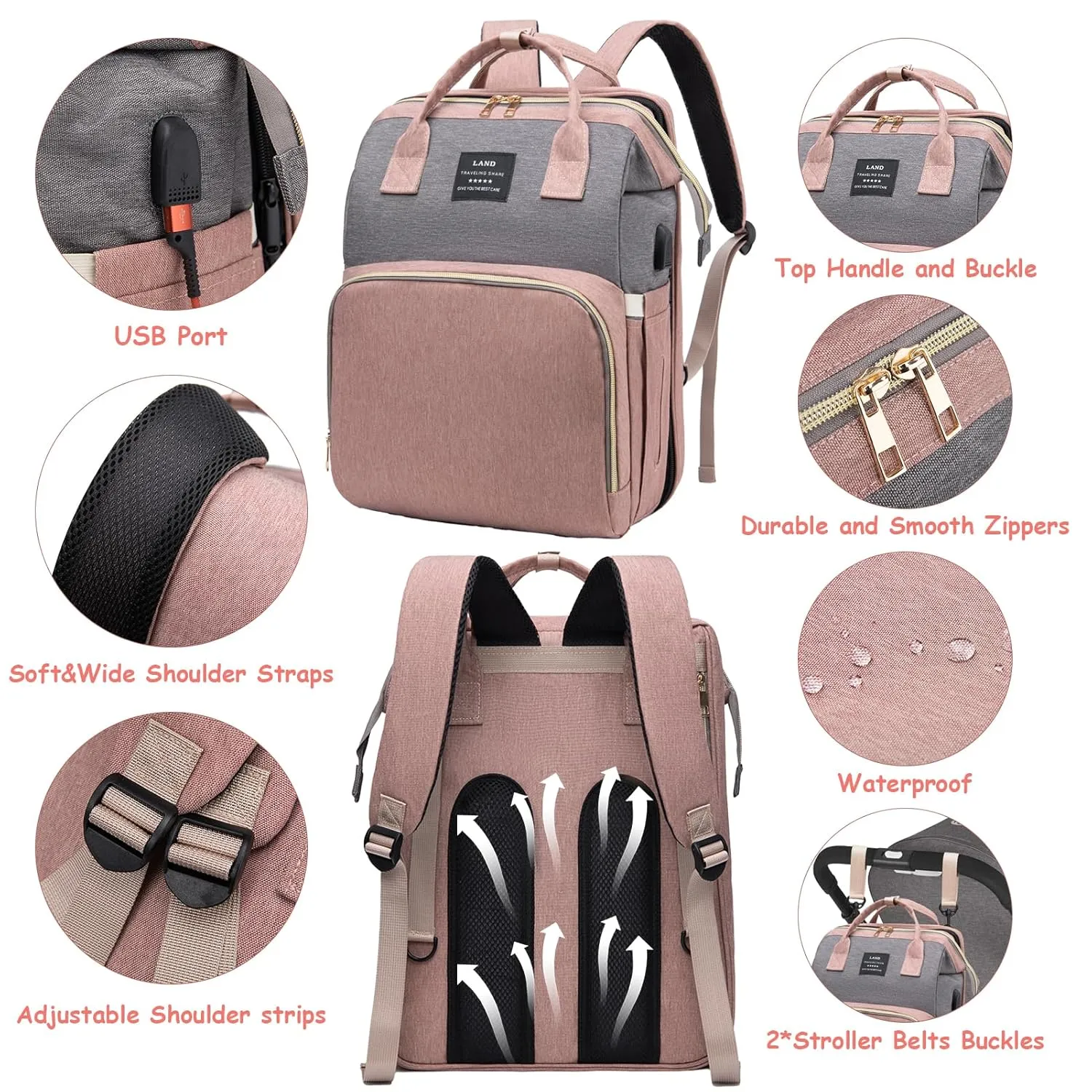 Diaper Bag Backpack, Multifunctional Baby Diaper Bag, Diaper Changing Station for Boys Girls, Large Capacity Travel Baby Bag for Mom Dad with Insulated Pocket & Strap
