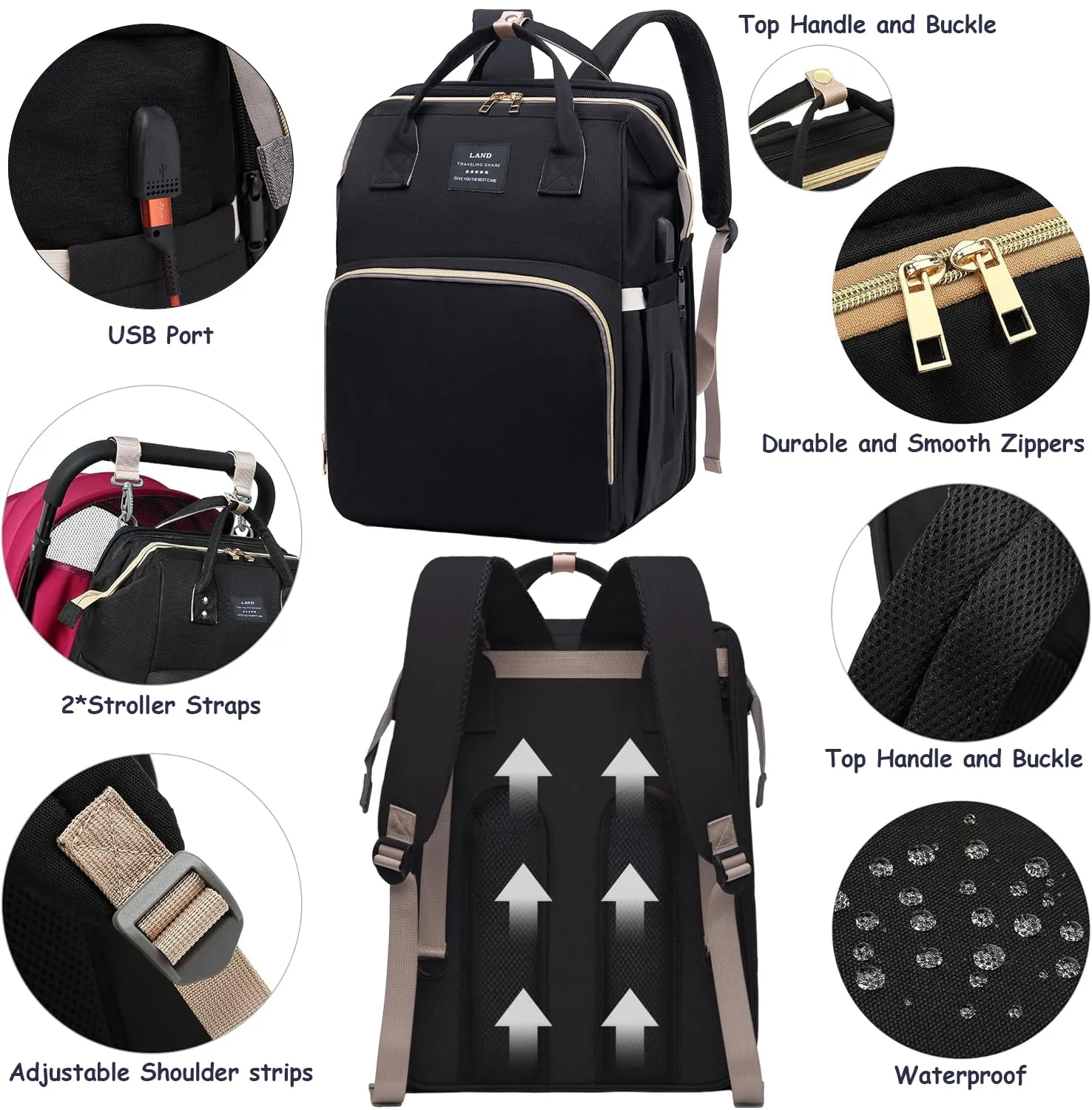 Diaper Bag Backpack, Multifunctional Baby Diaper Bag, Diaper Changing Station for Boys Girls, Large Capacity Travel Baby Bag for Mom Dad with Insulated Pocket & Strap