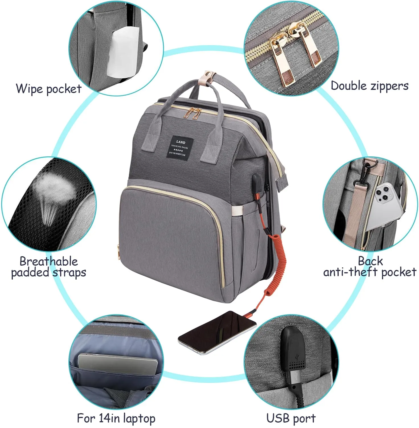 Diaper Bag Backpack, Multifunctional Baby Diaper Bag, Diaper Changing Station for Boys Girls, Large Capacity Travel Baby Bag for Mom Dad
