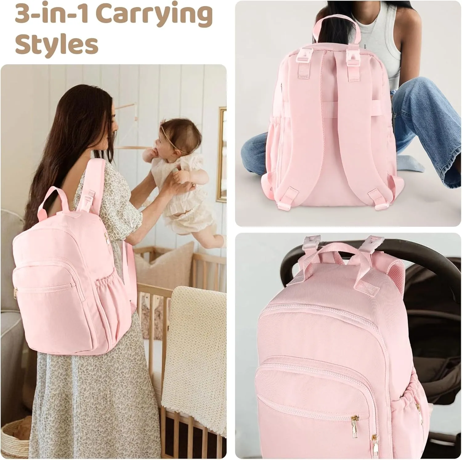Diaper Bag Backpack Small Diaper Baby Bag for Travel, Mini Lightweight Diaper Backpack with Changing Pad Insulated Pockets (Pink)