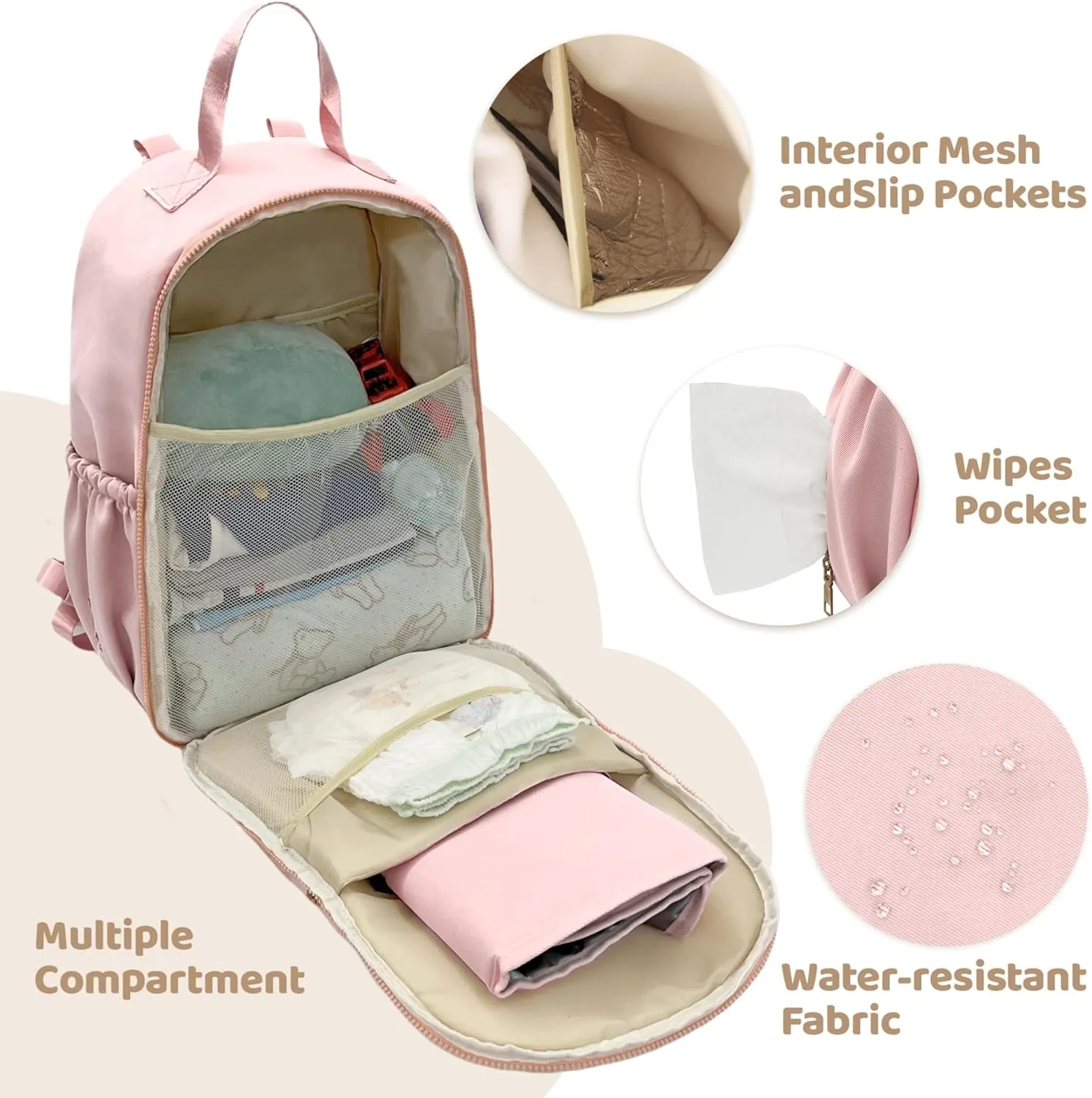 Diaper Bag Backpack Small Diaper Baby Bag for Travel, Mini Lightweight Diaper Backpack with Changing Pad Insulated Pockets (Pink)