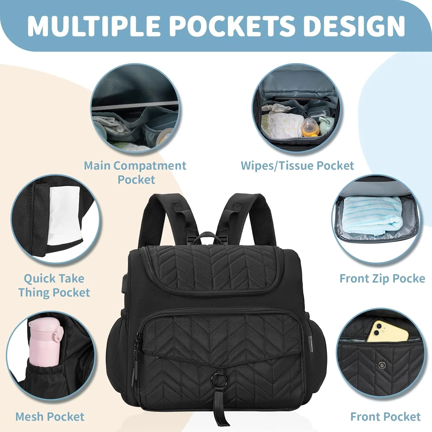 Diaper Bag Backpack, Travel Diaper Backpack with Stroller Strap, Washable Changing Pad, Pacifier Case - Black