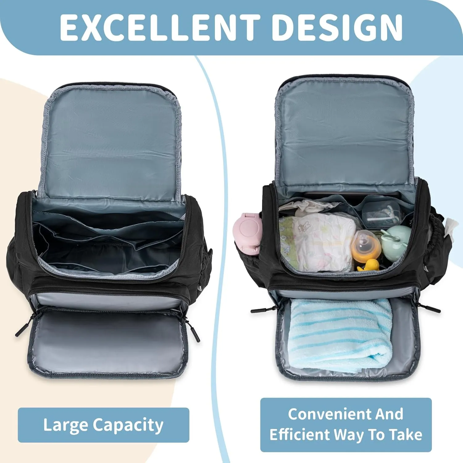 Diaper Bag Backpack, Travel Diaper Backpack with Stroller Strap, Washable Changing Pad, Pacifier Case - Black