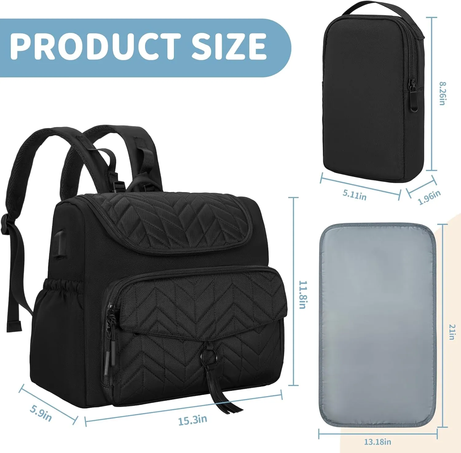 Diaper Bag Backpack, Travel Diaper Backpack with Stroller Strap, Washable Changing Pad, Pacifier Case - Black