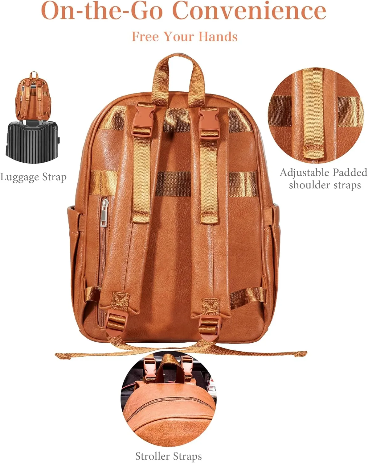 Diaper Bag Backpack with 16 Pockets Baby Bag Vegan Leather for Mom Dad, with a pacifier pod, 2 Insulated Pockets (BROWN, 15 INCH)