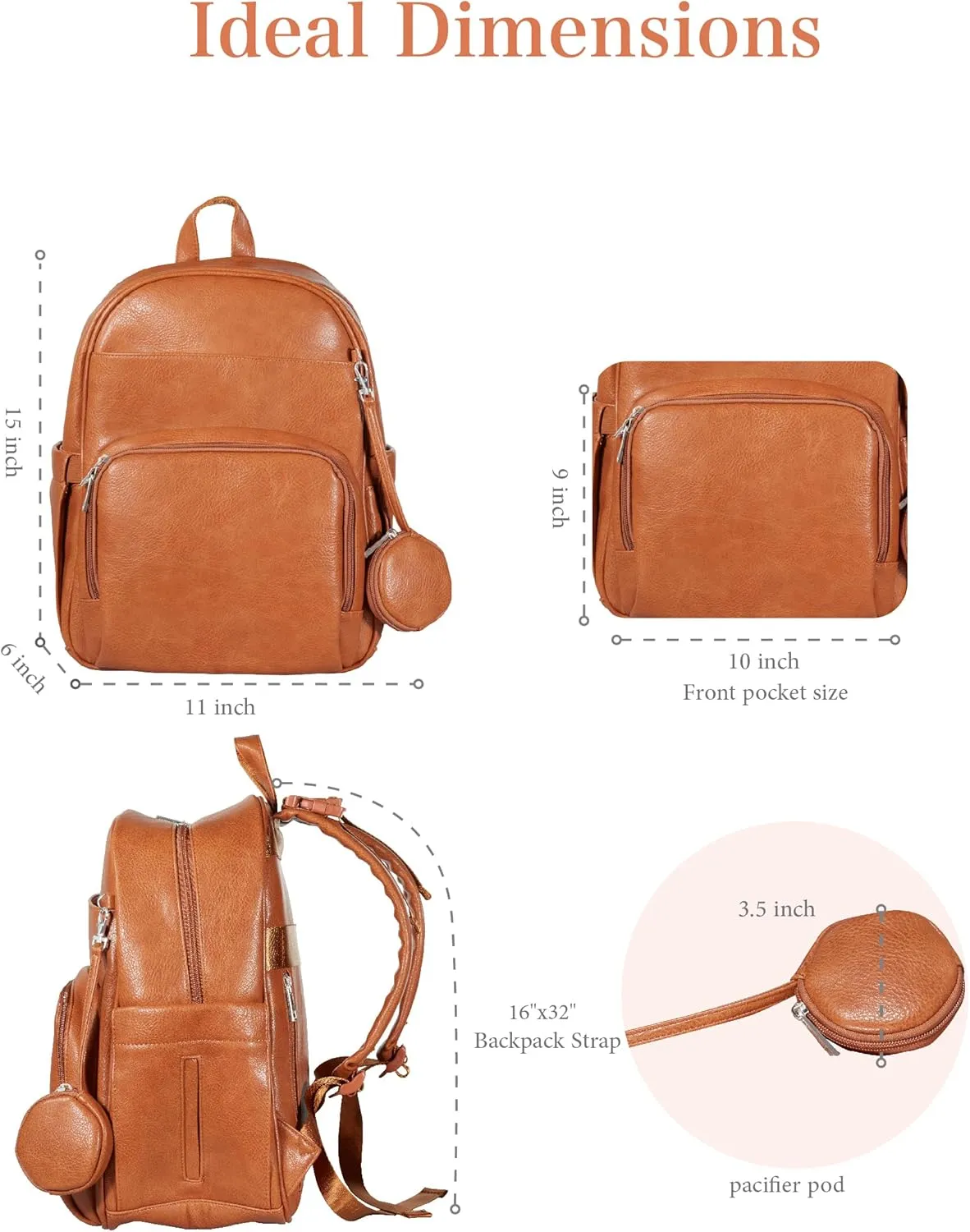 Diaper Bag Backpack with 16 Pockets Baby Bag Vegan Leather for Mom Dad, with a pacifier pod, 2 Insulated Pockets (BROWN, 15 INCH)