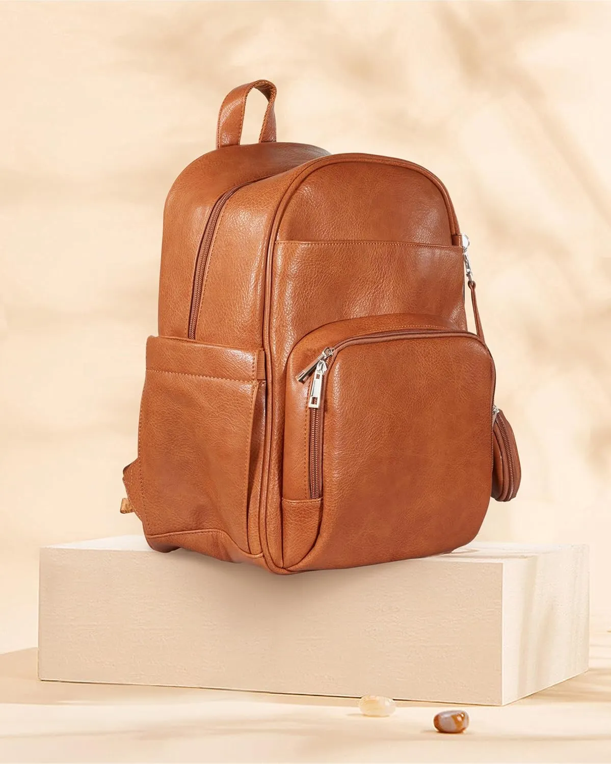 Diaper Bag Backpack with 16 Pockets Baby Bag Vegan Leather for Mom Dad, with a pacifier pod, 2 Insulated Pockets (BROWN, 15 INCH)