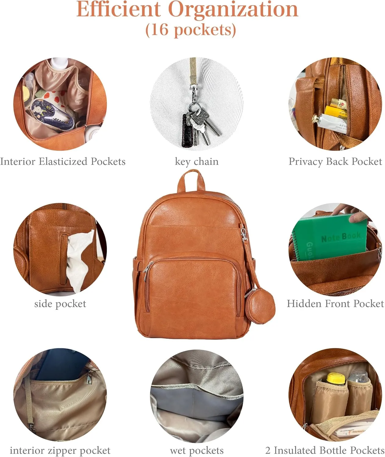 Diaper Bag Backpack with 16 Pockets Baby Bag Vegan Leather for Mom Dad, with a pacifier pod, 2 Insulated Pockets (BROWN, 15 INCH)