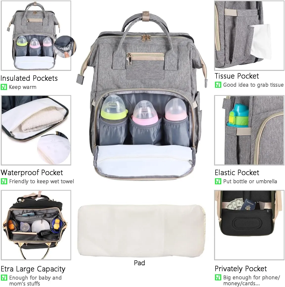 Diaper Bag Backpack with Changing Pad, Baby Bag for Boys Girls, Unisex Nappy Changing Bag, Multifunction Large Capacity Travel Back Pack for Moms Dads, Grey