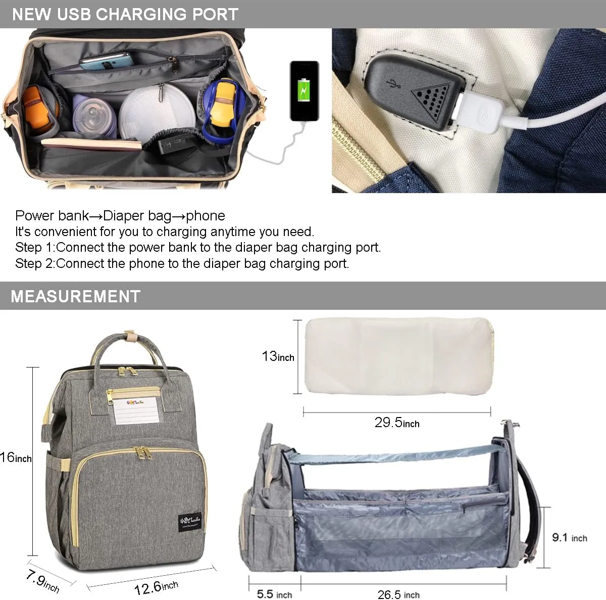 Diaper Bag Backpack with Changing Pad, Baby Bag for Boys Girls, Unisex Nappy Changing Bag, Multifunction Large Capacity Travel Back Pack for Moms Dads, Grey