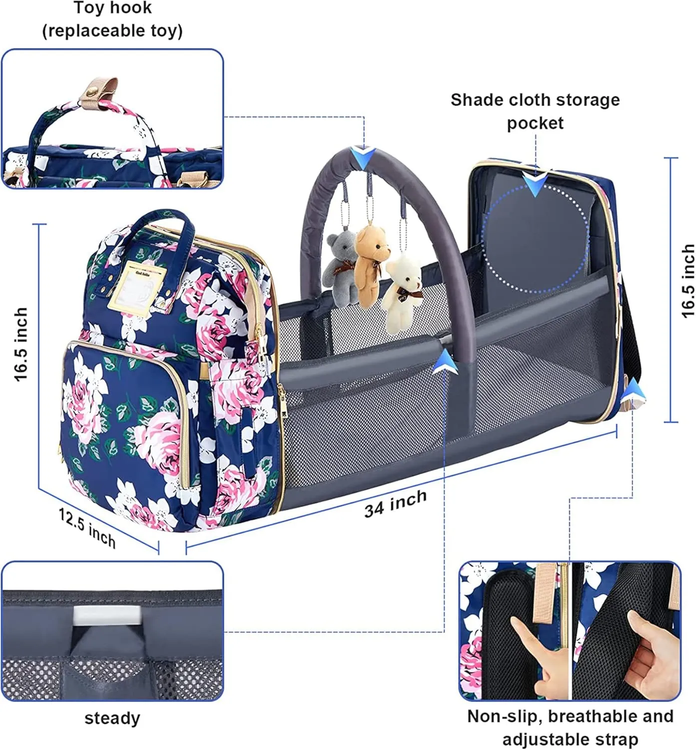 Diaper Bag Backpack with Changing Station, Foldable for Bady Toddler, 3 in 1 Large Capacity Newborn Essentials Organizer with Stroller Hook for Girls and Boys（Blue）