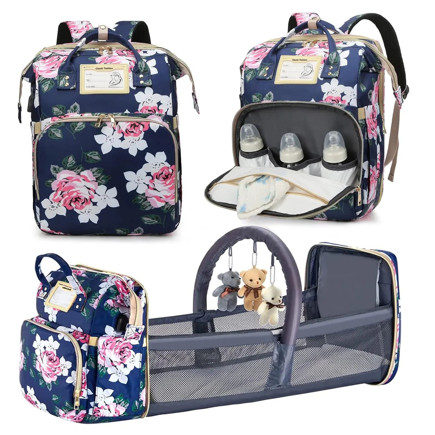 Diaper Bag Backpack with Changing Station, Foldable for Bady Toddler, 3 in 1 Large Capacity Newborn Essentials Organizer with Stroller Hook for Girls and Boys（Blue）