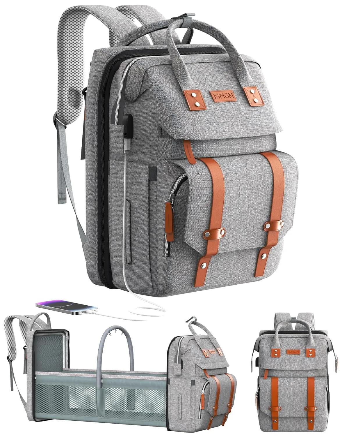 Diaper Bag Backpack with Changing Station, Large Diaper Bag, Baby Bag, Multifunctional Diaper Bag, Gray