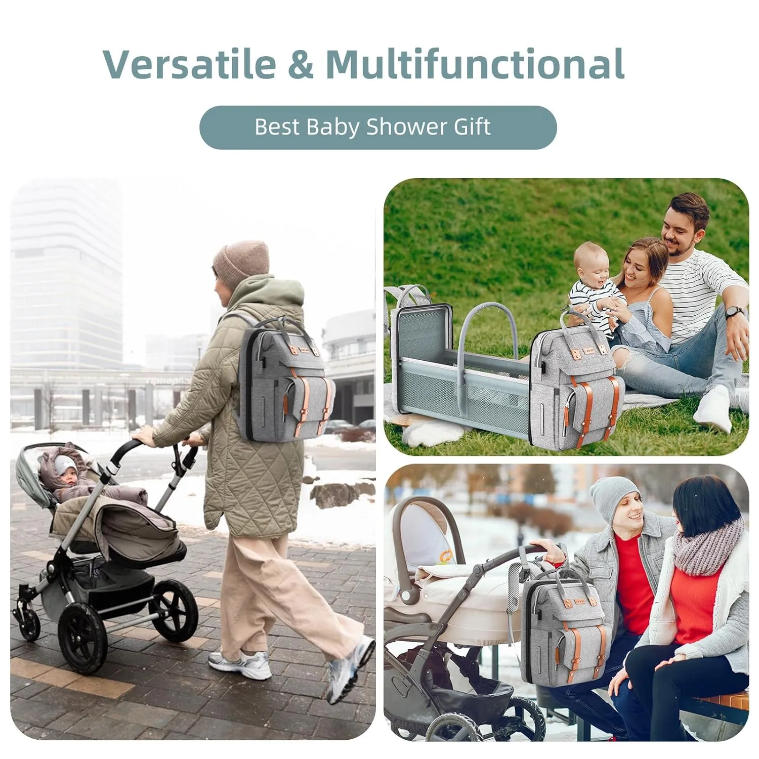 Diaper Bag Backpack with Changing Station, Large Diaper Bag, Baby Bag, Multifunctional Diaper Bag, Gray