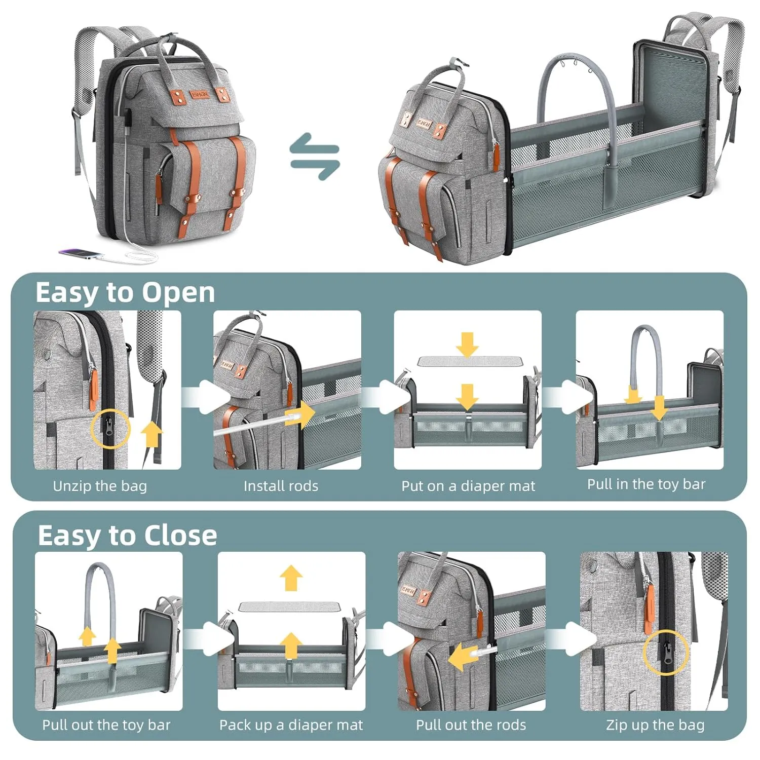 Diaper Bag Backpack with Changing Station, Large Diaper Bag, Baby Bag, Multifunctional Diaper Bag, Gray