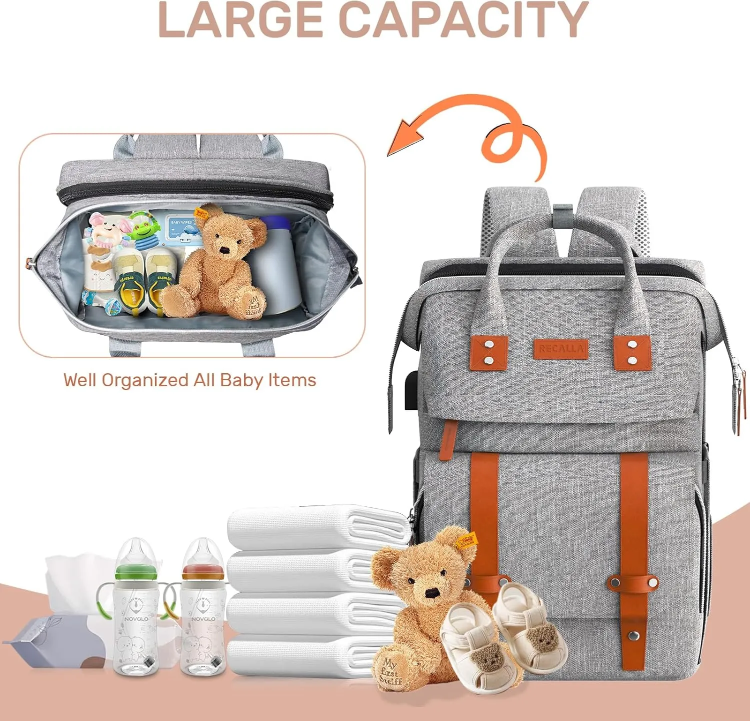 Diaper Bag Backpack with Changing Station, Large Diaper Bag, Multifunctional Diaper Bag, Baby Bag, Gray