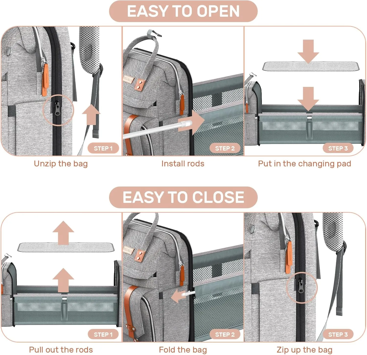 Diaper Bag Backpack with Changing Station, Large Diaper Bag, Multifunctional Diaper Bag, Baby Bag, Gray