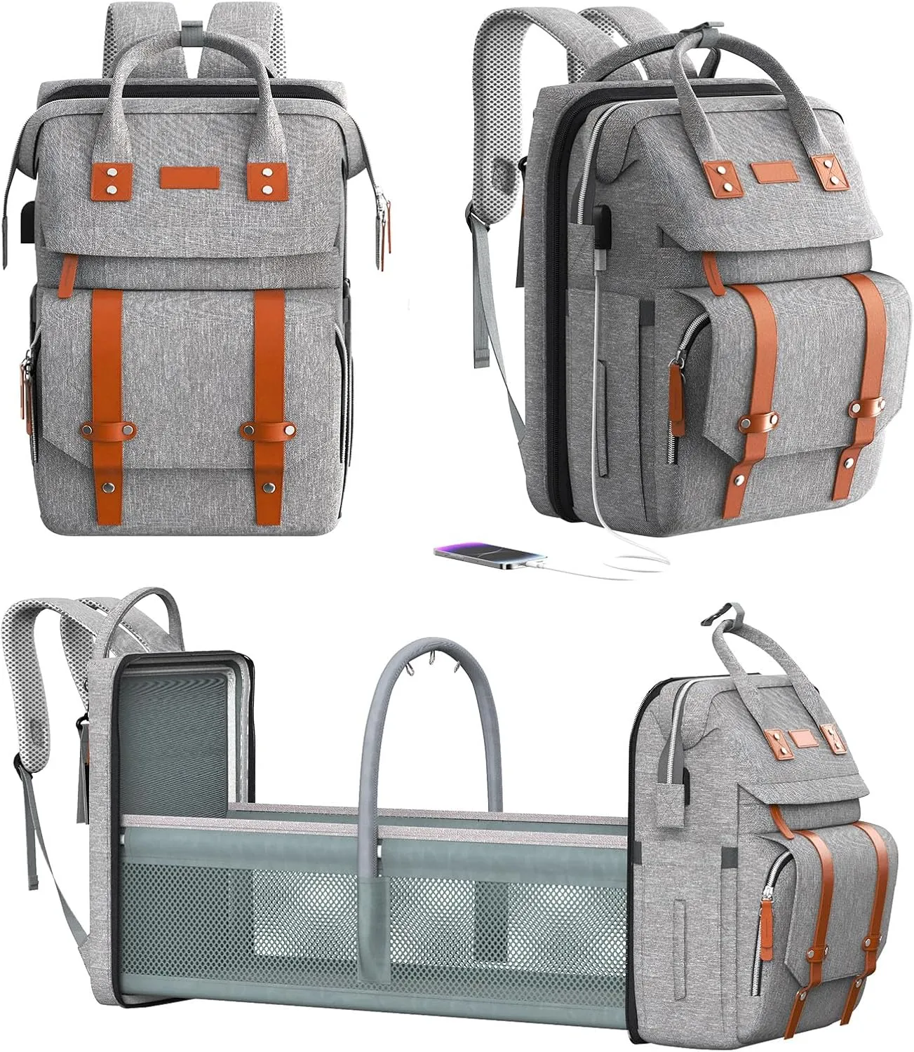 Diaper Bag Backpack with Changing Station, Large Diaper Bag, Multifunctional Diaper Bag, Baby Bag, Gray